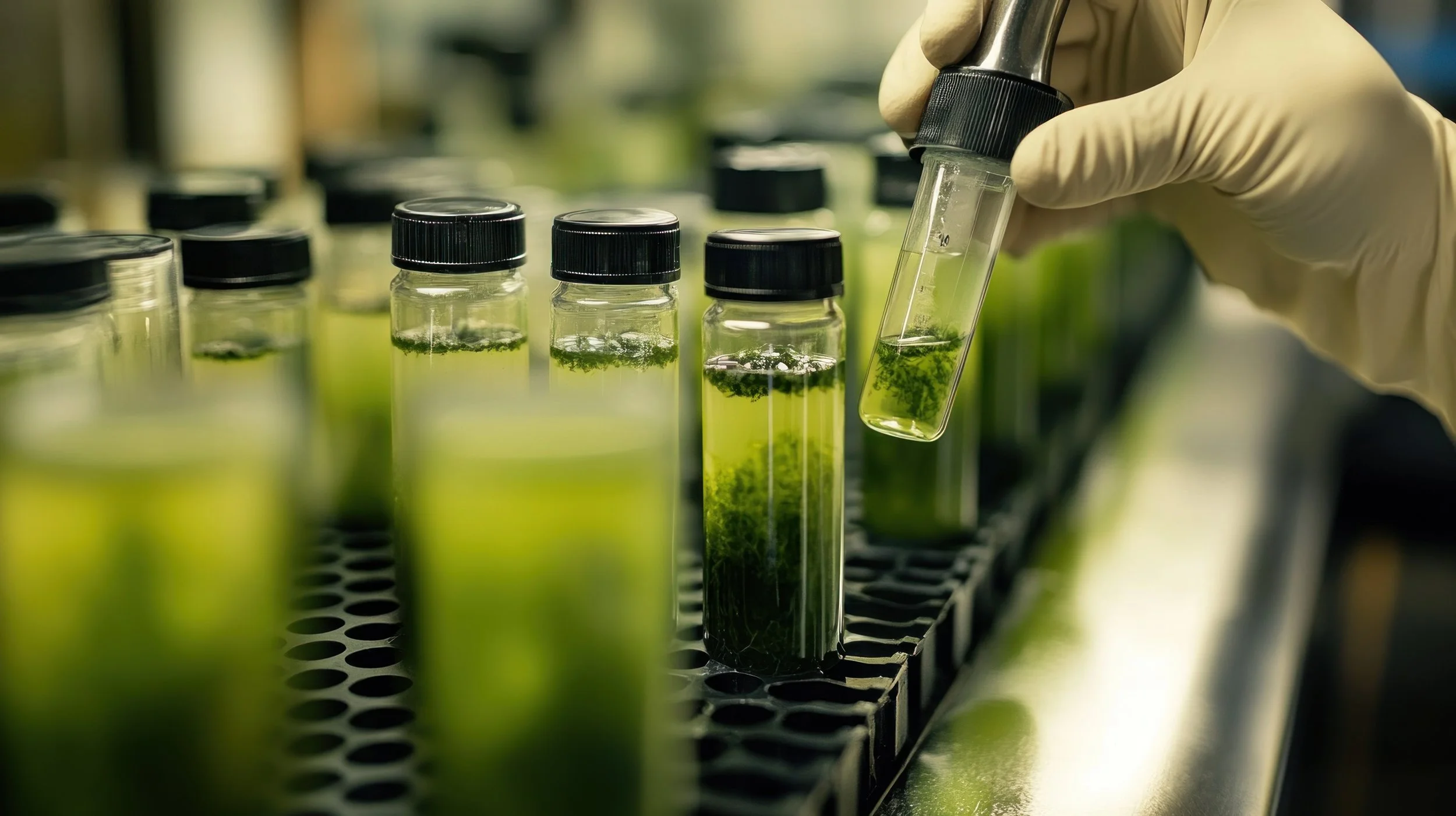 A scientist wearing gloves is using a pipette to add a liquid to a test tube containing green algae, with multiple test tubes of green algae in black racks in the background.