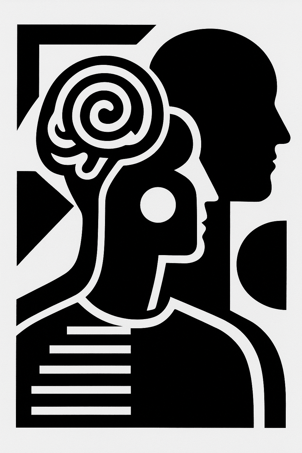 This is a graphic design in black and white and includes two images of people. One person has a twisted hair style and white circle on their cheek. There are several black and white shapes around the people.