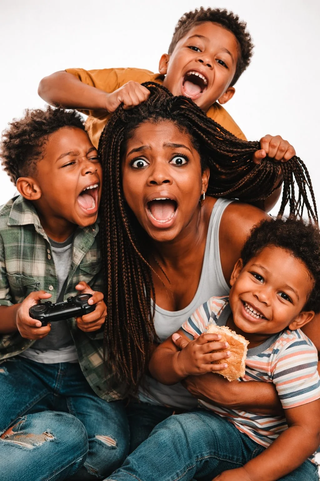 A woman with braided hair and four young children, all appearing excited and surprised, with one child holding a video game controller and another eating a sandwich.