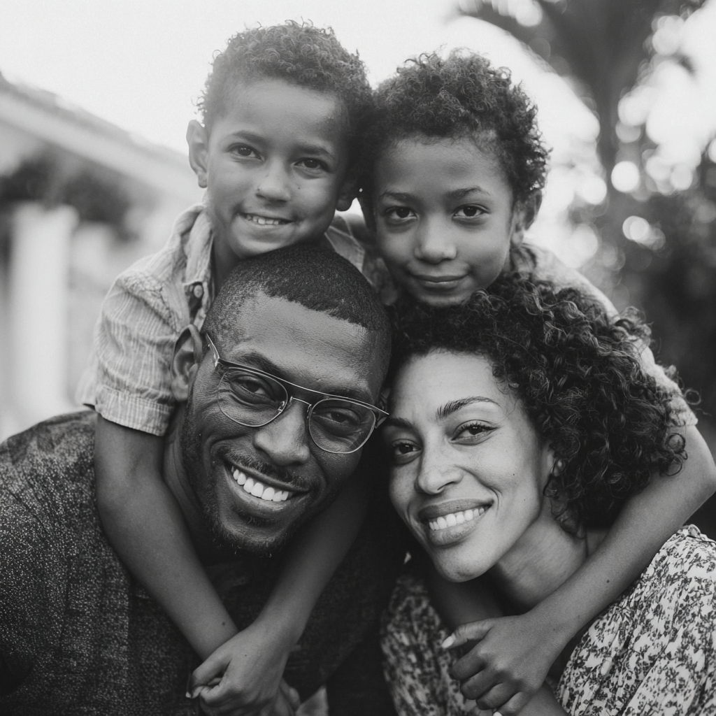 A smiling family of four, a father, mother, and two children, hugging each other outdoors.