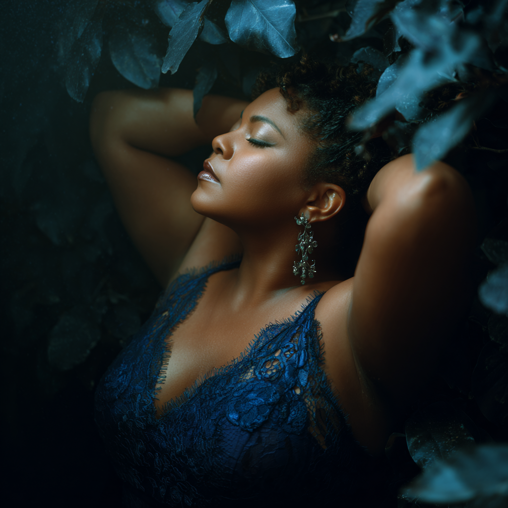 A woman with curly hair and wearing a blue lace dress and dangling earrings is lying among dark green leaves with her eyes closed.