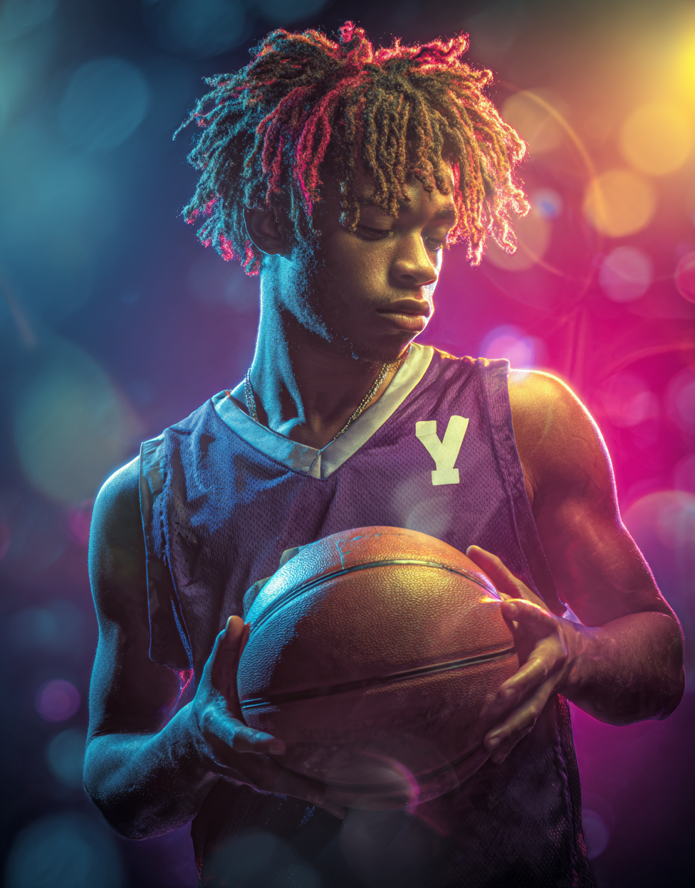 A young male basketball player holding a basketball, wearing a purple jersey with a white 'Y' on it, illuminated by colorful stage lighting with bokeh effects.