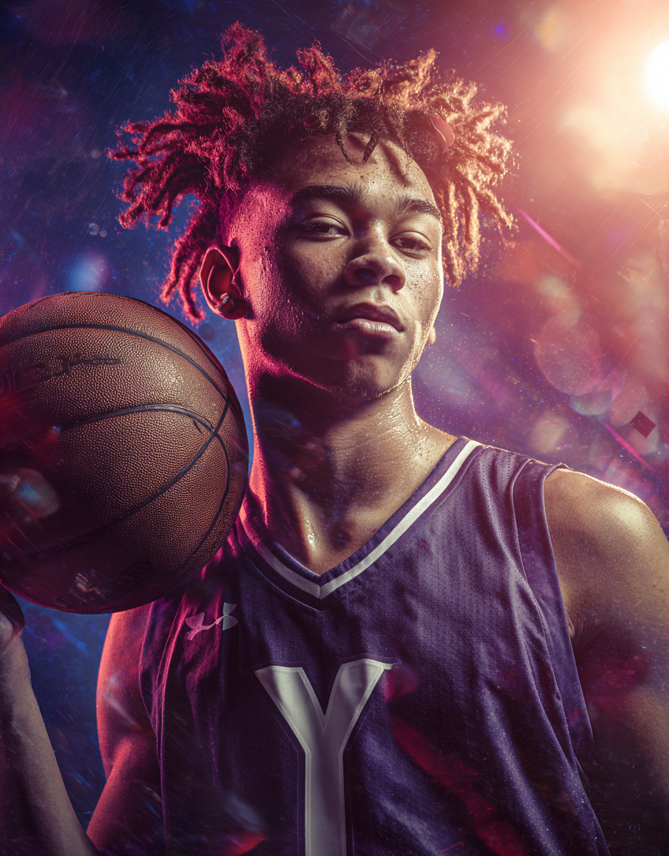 Close-up of a young basketball player holding a basketball, wearing a dark sports jersey with a large 'Y' on the front, with dramatic colorful lighting and effects.