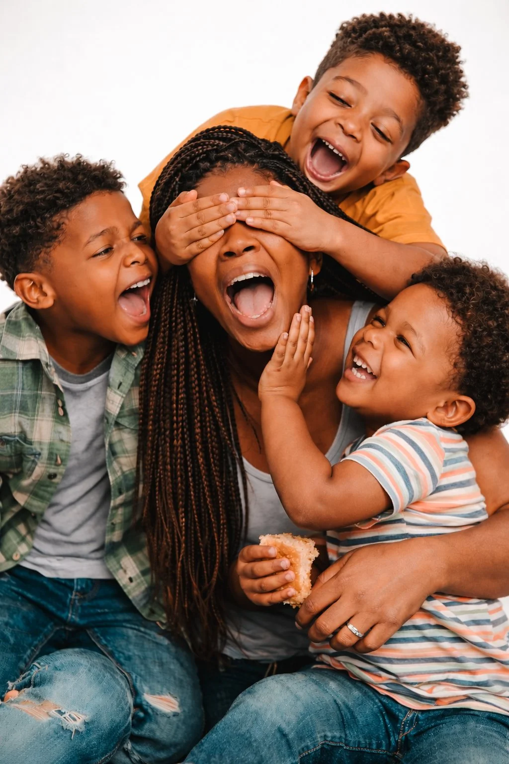 A woman with braided hair is surrounded by four children, all laughing and playing together. One child covers her eyes, another touches her face, a third sits on her lap, and the fourth pokes her cheek. The woman appears surprised and joyful, holding a piece of bread.
