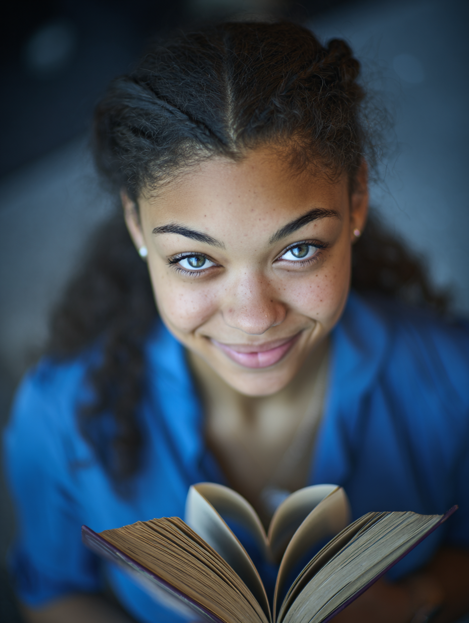 A young woman with curly hair and blue eyes smiling while holding an open book.