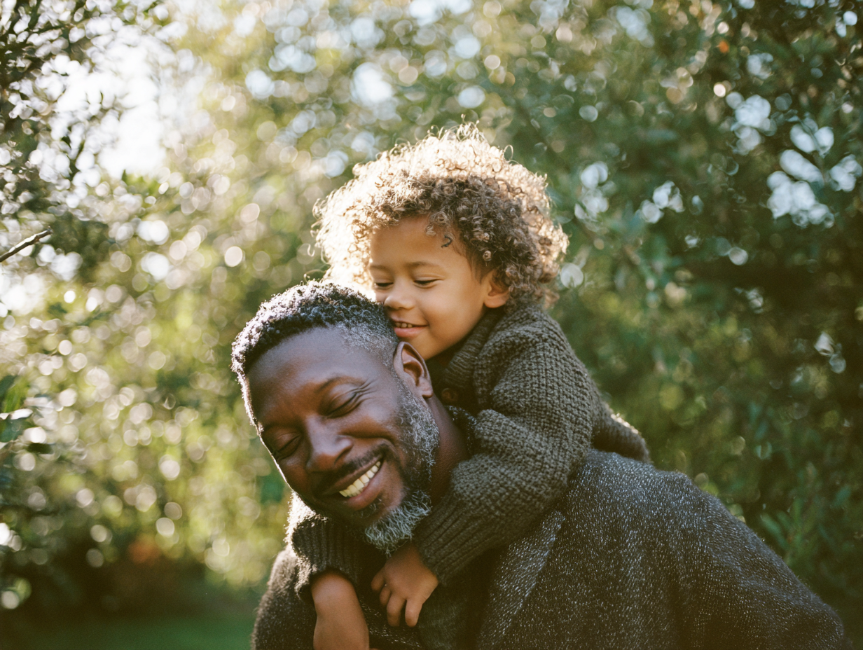 A father and young child sharing a joyful moment outdoors in sunlight, with the child on the father's back, both smiling with eyes closed, surrounded by trees.