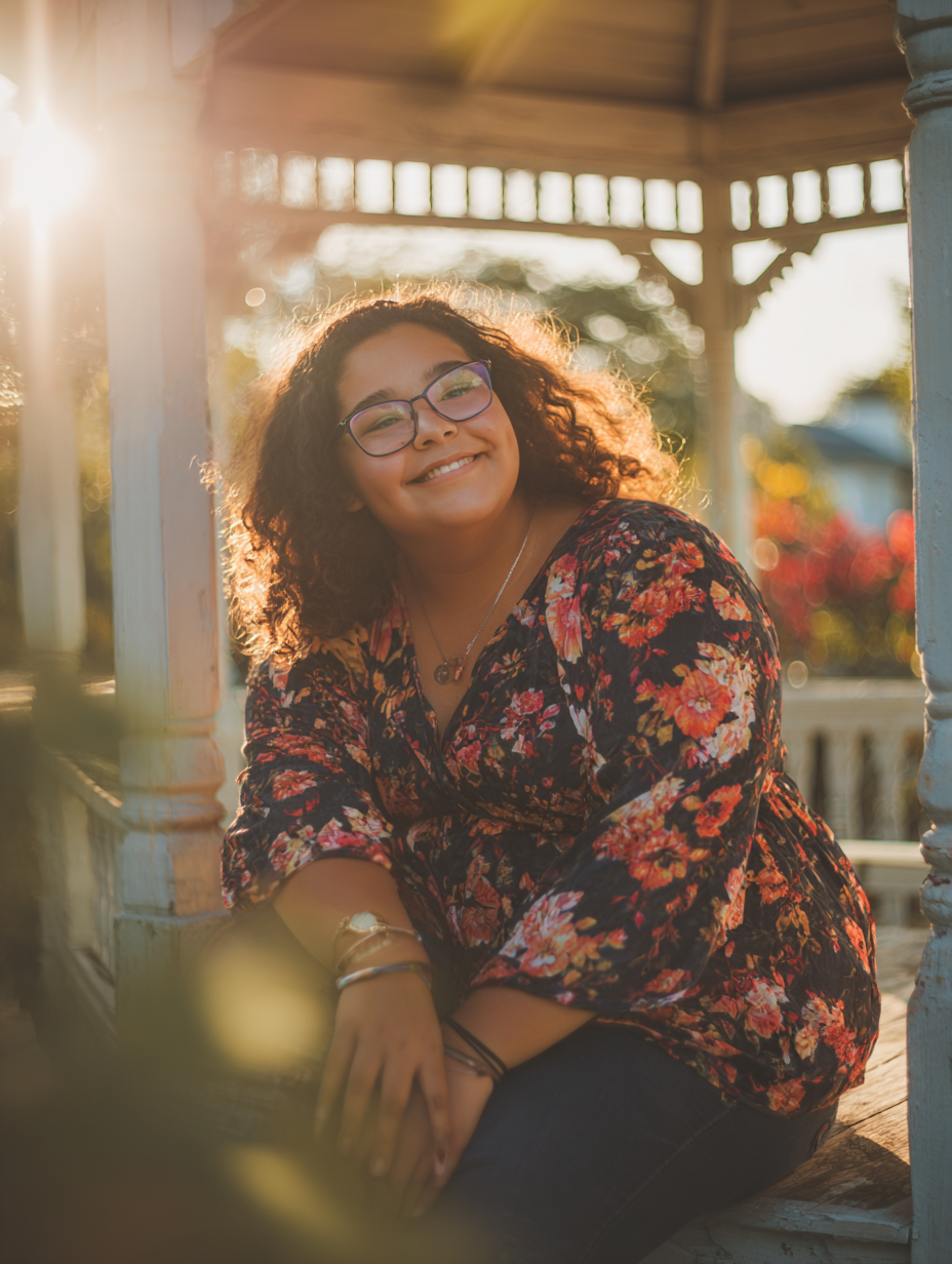 A young woman with curly hair and glasses smiling while sitting on a gazebo in sunlight