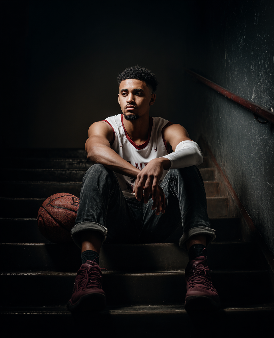 A young man in basketball attire sitting on stairs with a basketball next to him, in a dimly lit setting with a dark background.