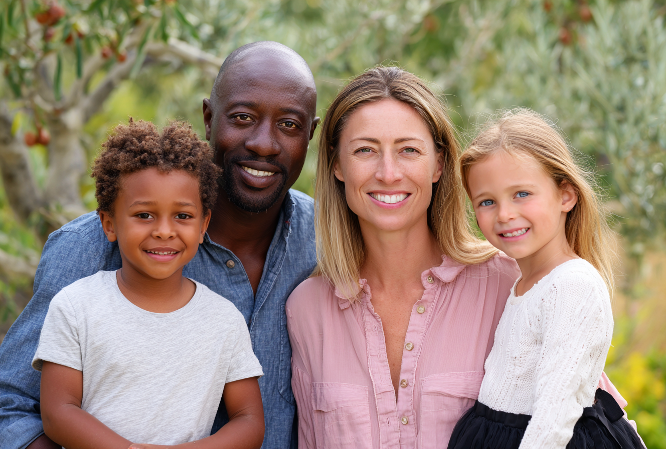 Smiling multiracial family outdoors, two adults and two children, with trees in the background.
