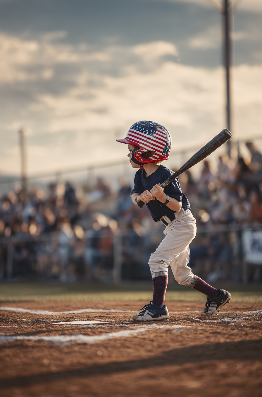 A young boy in baseball uniform standing at home plate, wearing a patriotic American flag helmet, holding a bat, ready to swing during a game at sunset with a crowd watching in the background.