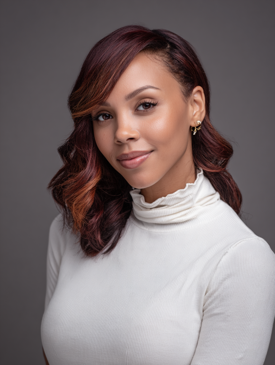 A woman with shoulder-length, wavy reddish-brown hair, wearing a white turtleneck top and gold earrings, smiling softly against a gray background.