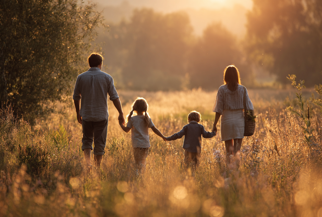 A family of five walking hand in hand through a field during sunset.