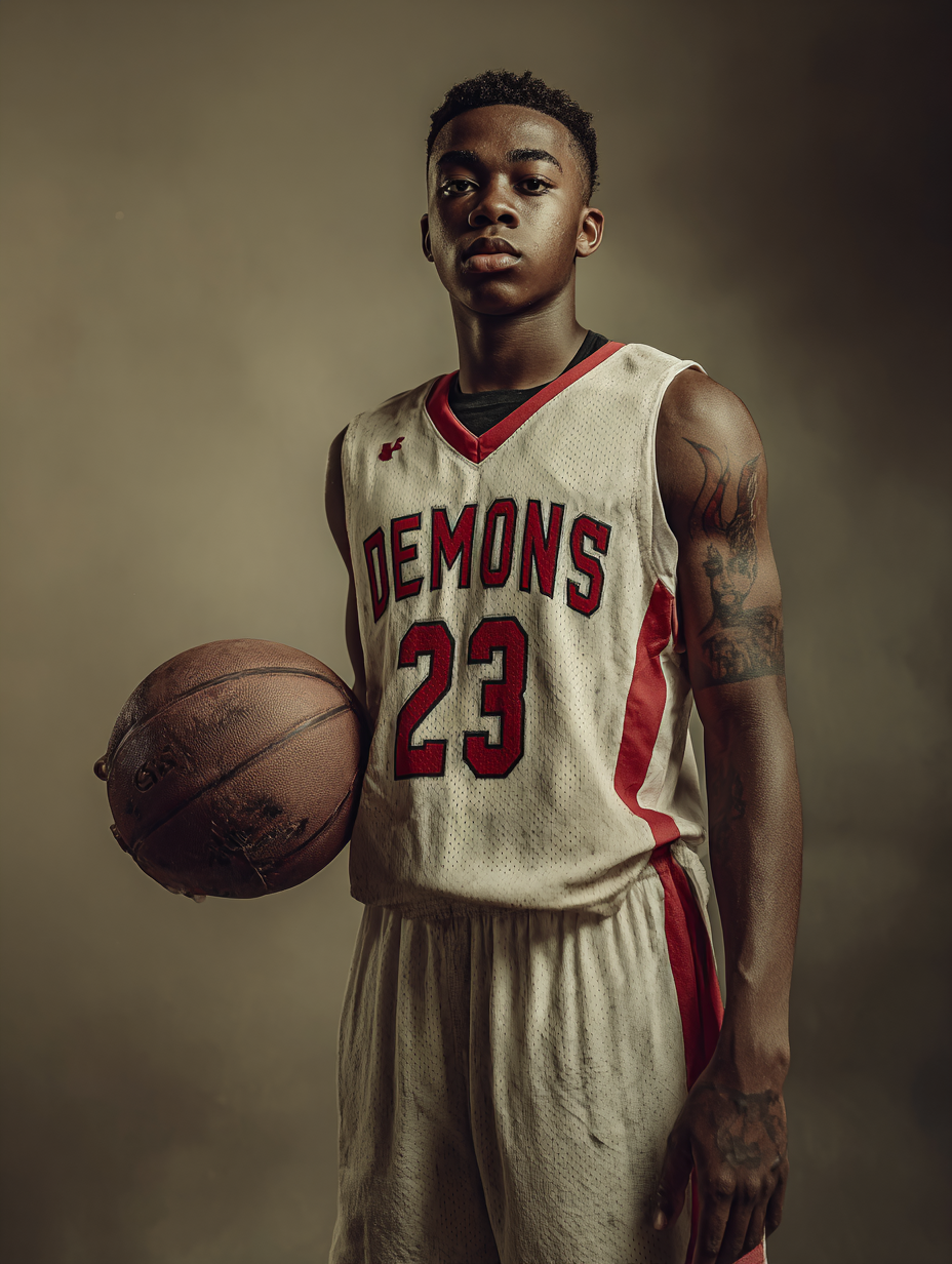 Young male basketball player in a white and red jersey holding a basketball, standing against a neutral background.