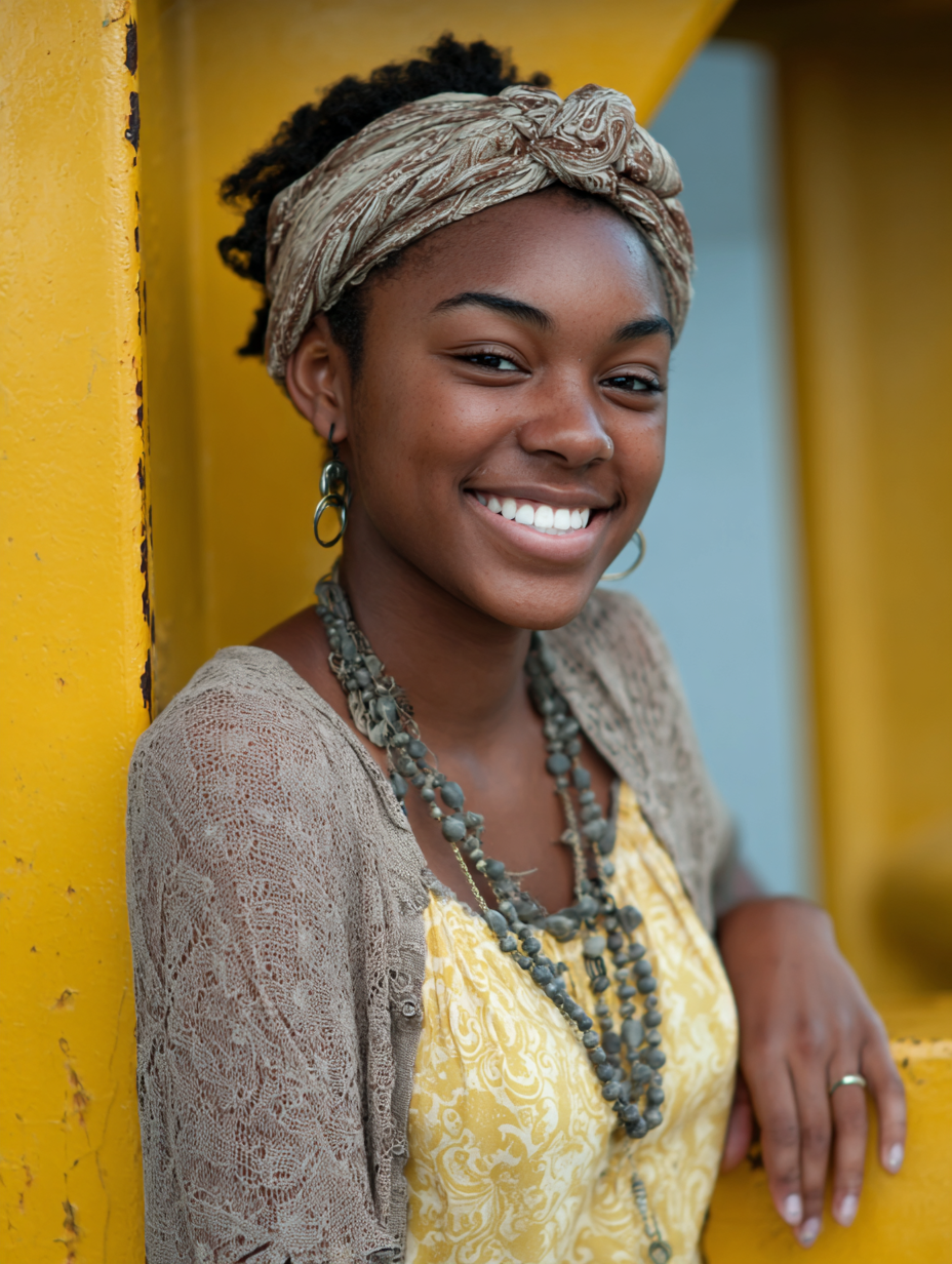 A young woman with dark skin and curly hair, wearing a headscarf, smiling, standing beside a yellow metal structure, wearing a yellow patterned shirt, a lace cardigan, and layered necklaces.