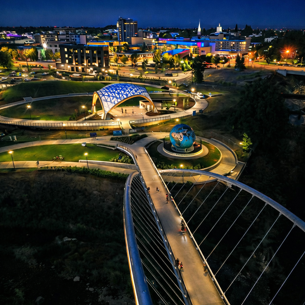 Nighttime aerial view of River Front Park in Salem Oregon with illuminated buildings, a modern bridge with people walking and riding bikes, a futuristic globe sculpture, and a distinctive dome structure, all brightly lit against the night sky.
