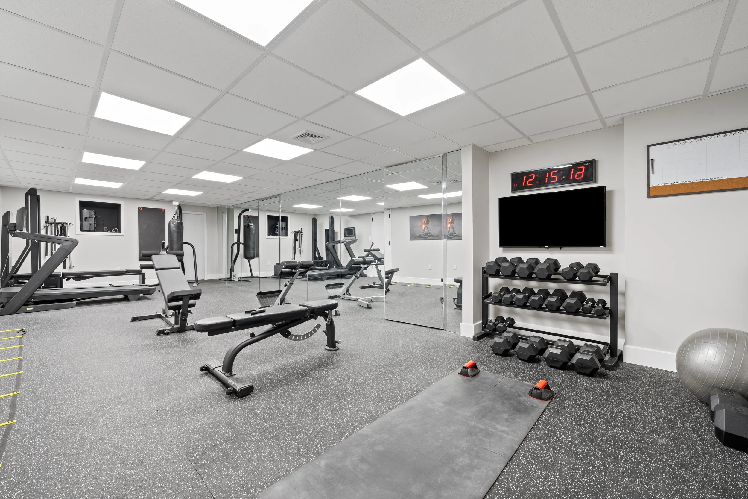 Empty gym room with various exercise equipment including treadmills, weightlifting benches, punch bags, dumbbells, a stability ball, and a wall-mounted TV, with a large mirror on one wall.