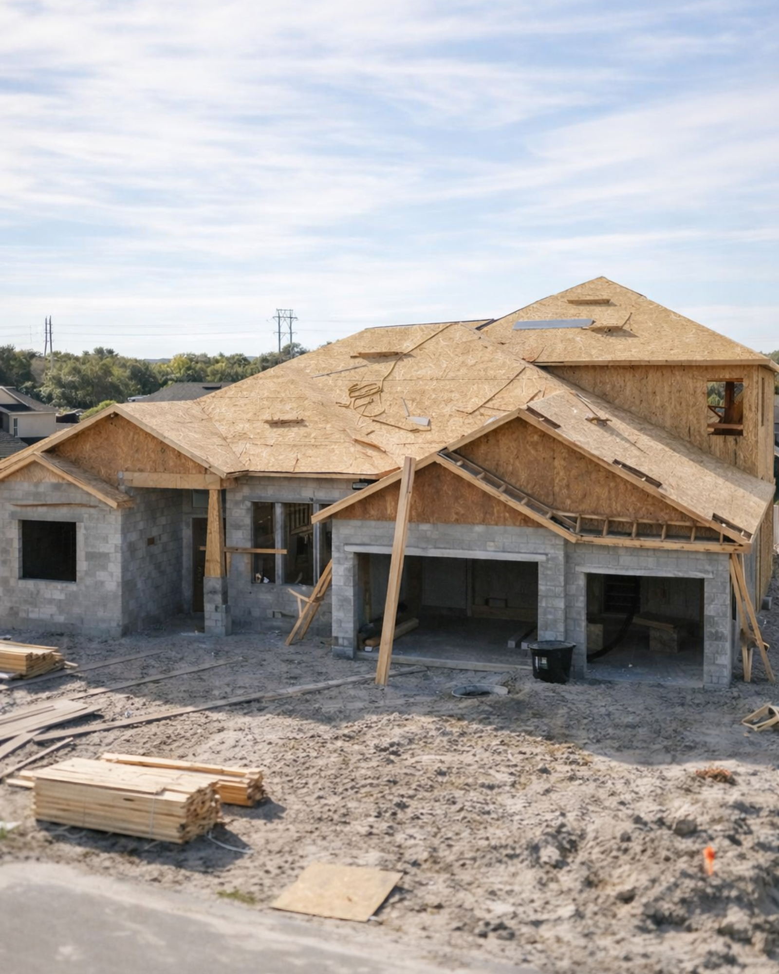 Under construction house with wooden framing and partially completed roof.