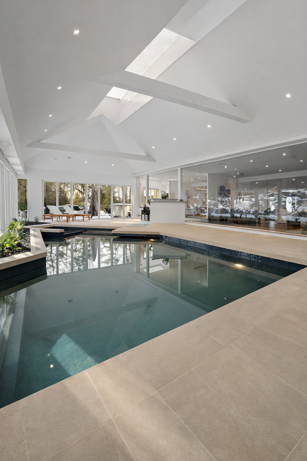 Indoor swimming pool area with large windows, lounge chairs, and a modern geometric ceiling design.
