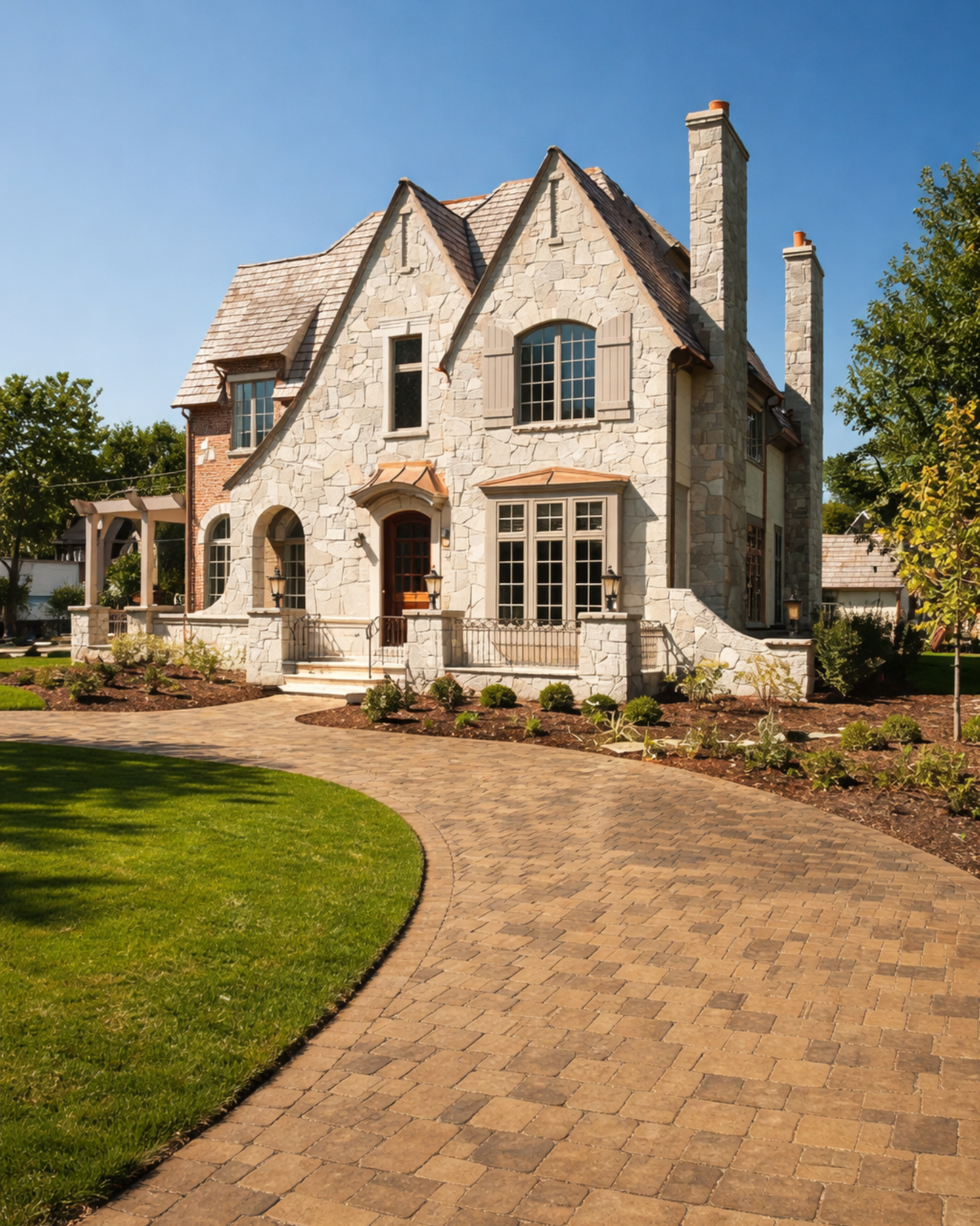 A large, elegant house with stone and brick exterior, multiple chimneys, and a curved brick pathway leading to the front steps, surrounded by green grass and landscaped garden.