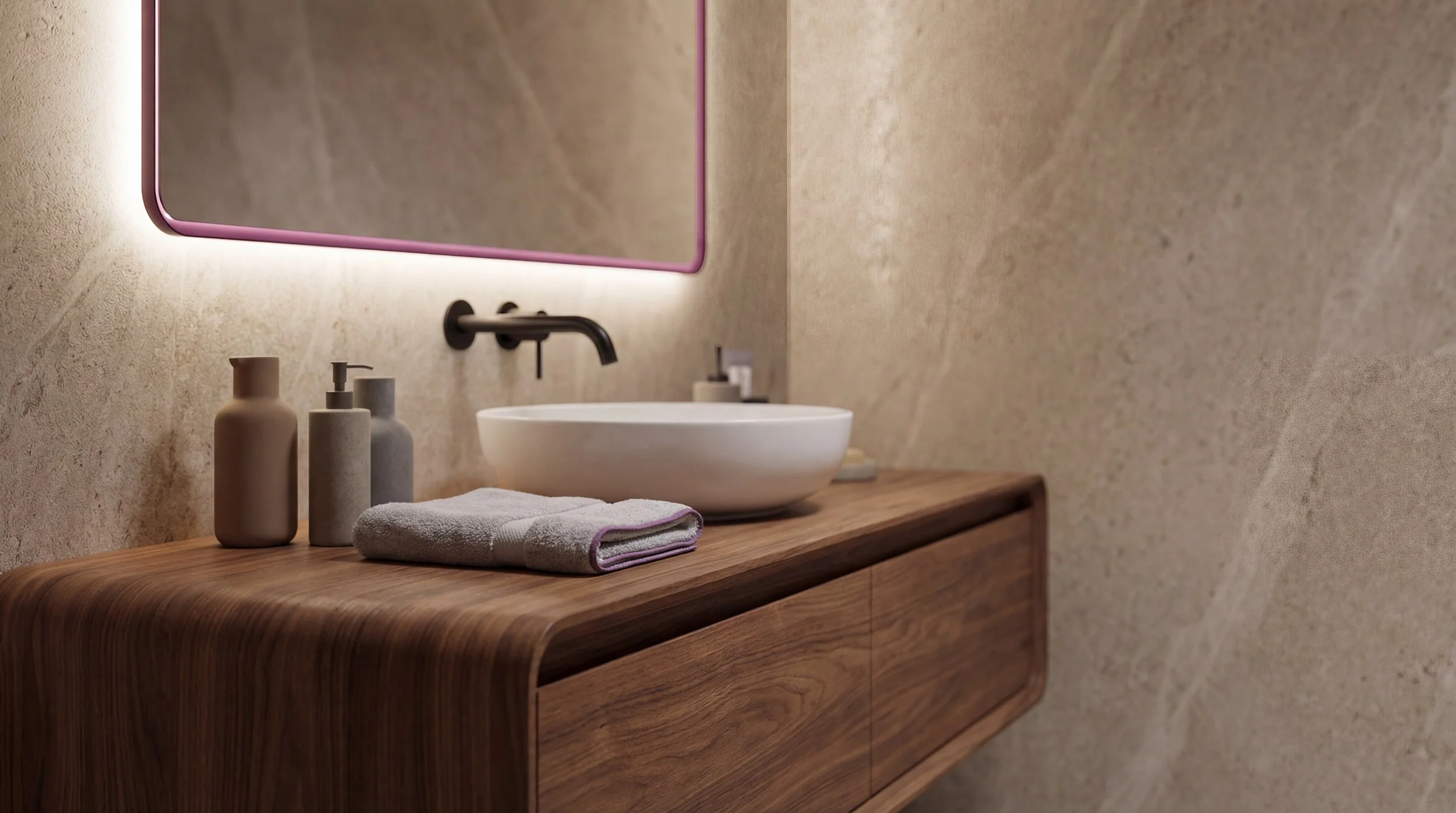 Modern bathroom with a wooden vanity, a white vessel sink, a large backlit mirror, and beige textured walls.
