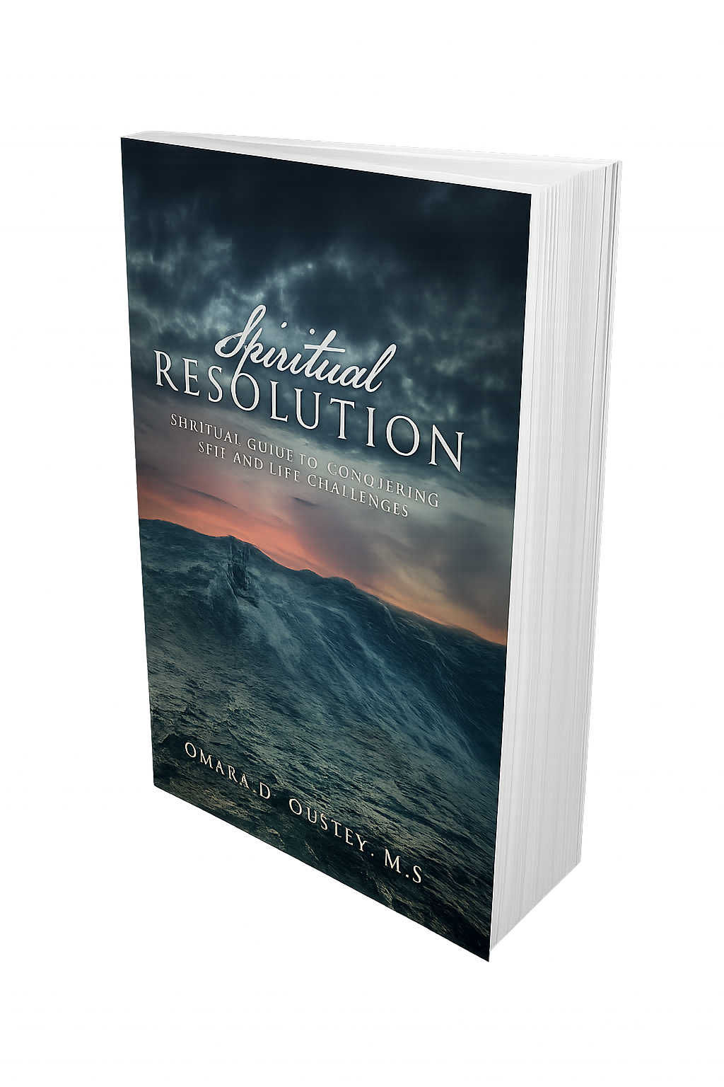 Book cover titled "Spiritual Resolution" with a stormy ocean scene on the cover and text "Spiritual Guide to Conquering Self and Life Challenges" by Omara D. Oustey, M.S.