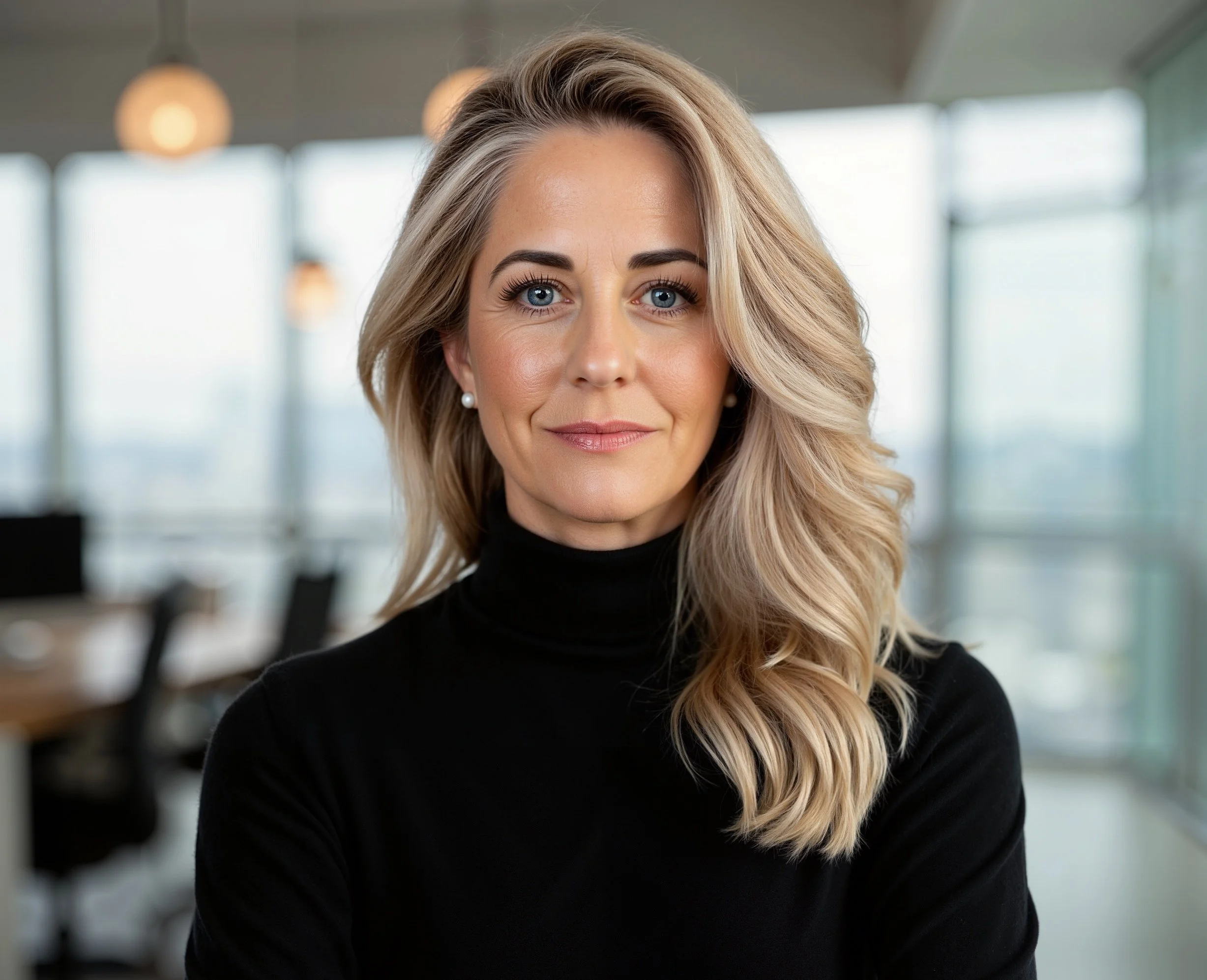Portrait of Elisabet Barnes wearing a black turtle neck. Blurred background.