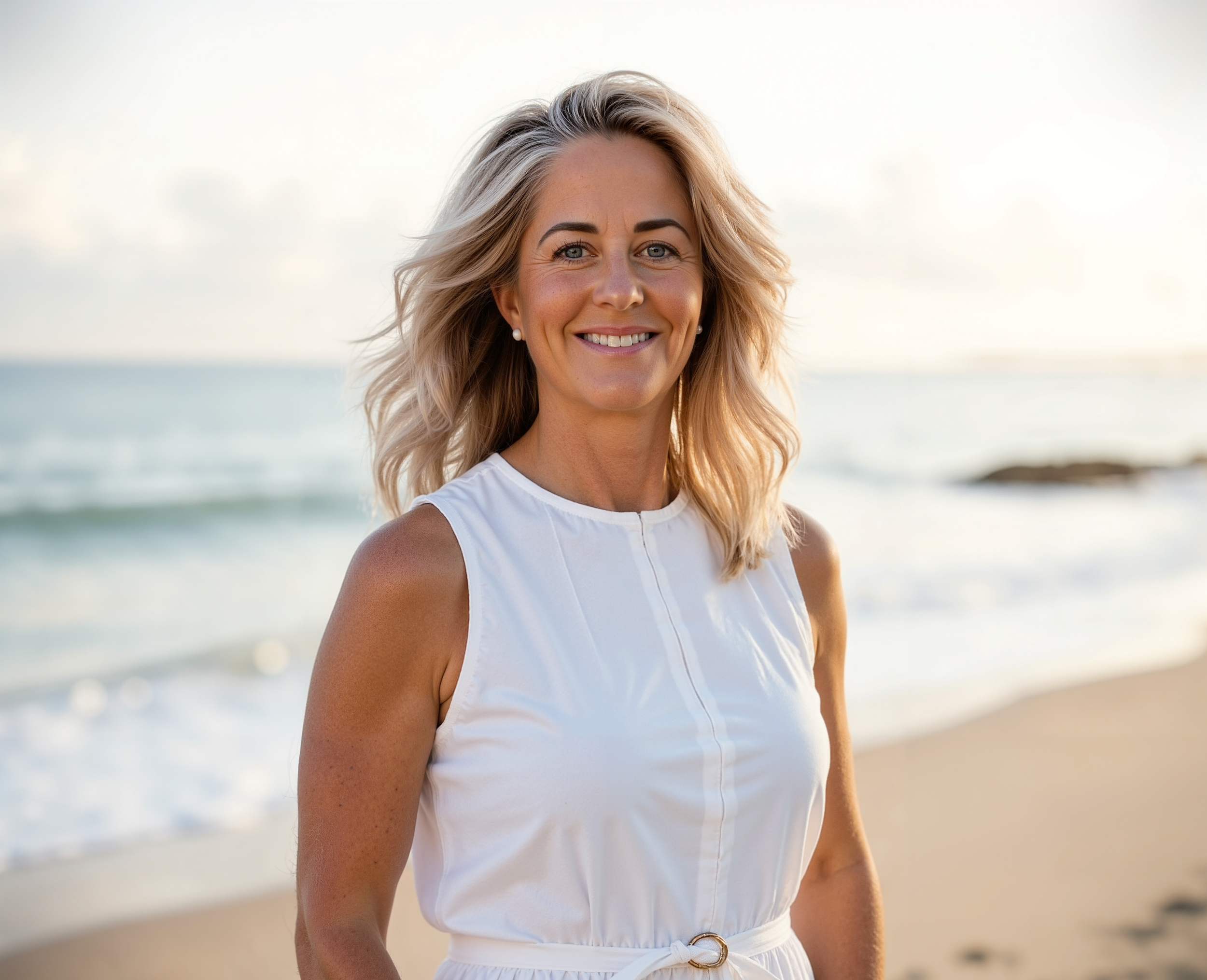 Dr. Elisabet Barnes with blonde hair smiling on a beach, wearing a sleeveless white dress, with the ocean and sky in the background.
