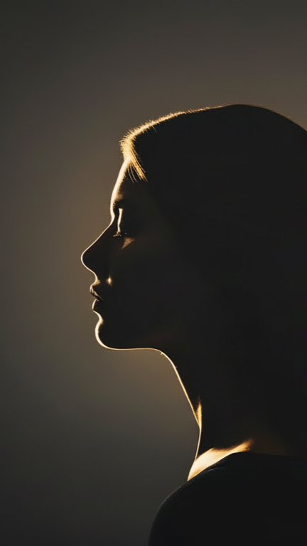 Silhouette of a woman in profile against a dark background with backlighting highlighting her facial features and hair.