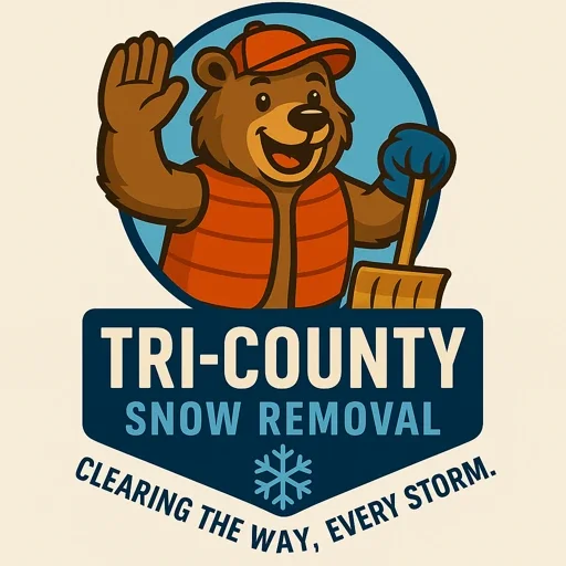 Logo featuring a cartoon bear wearing an orange cap and vest, holding a snow shovel, with the text 'TRI-COUNTY SNOW REMOVAL Clearing the way, every storm.'