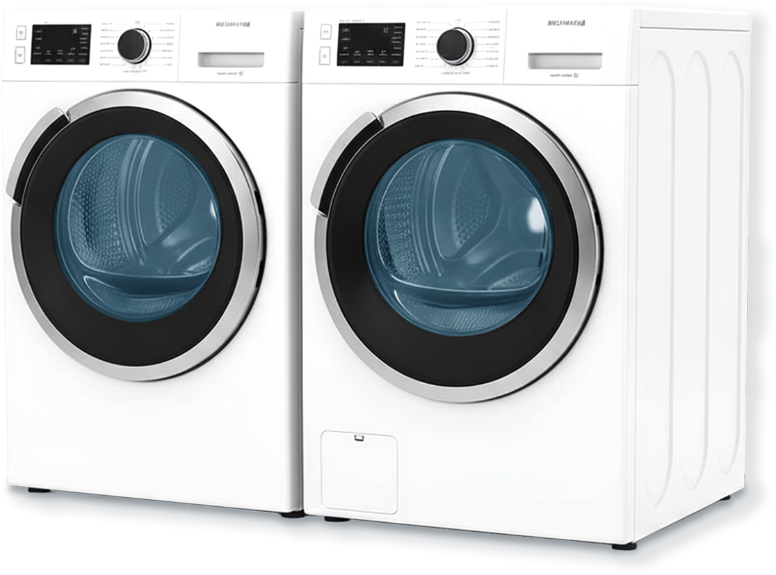 A pair of white front-loading washing machines side by side with digital control panels and large round doors with black and silver rims.