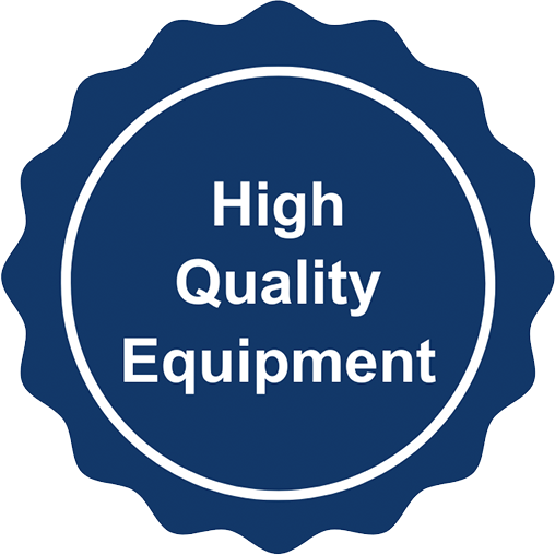 A circular badge with a scalloped edge, blue in color, containing the text 'High Quality Equipment' in white letters.