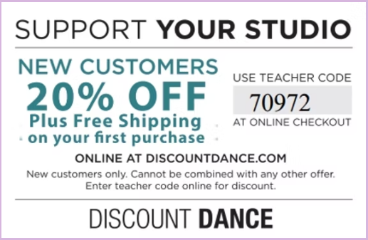 Promotional flyer offering 20% off for new customers with free shipping, including a teacher code for online checkout at discountdance.com, related to dance studio support.