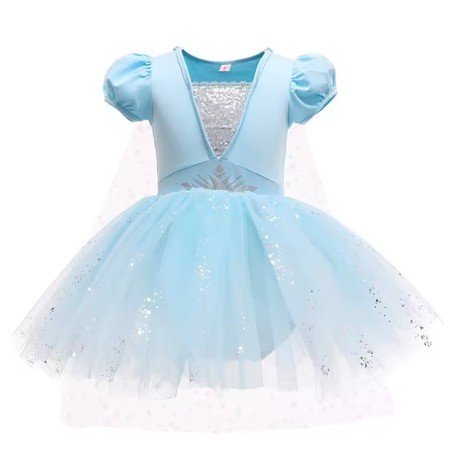 Light blue princess dress with puffed sleeves, a glittering bodice, and a tulle skirt with sparkly accents.