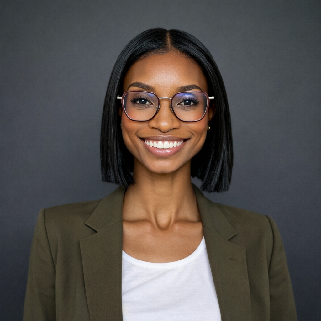 A young woman with straight shoulder-length black hair, wearing glasses, a green blazer, and a white top, smiling against a dark gray background.