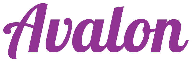 The word "Avalon" written in purple cursive font with a white outline.