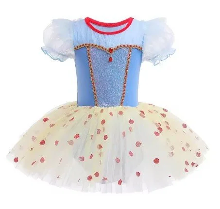A children's ballerina costume with a light blue top, puffed white sleeves, red trim, and a cream tutu skirt with red polka dots.