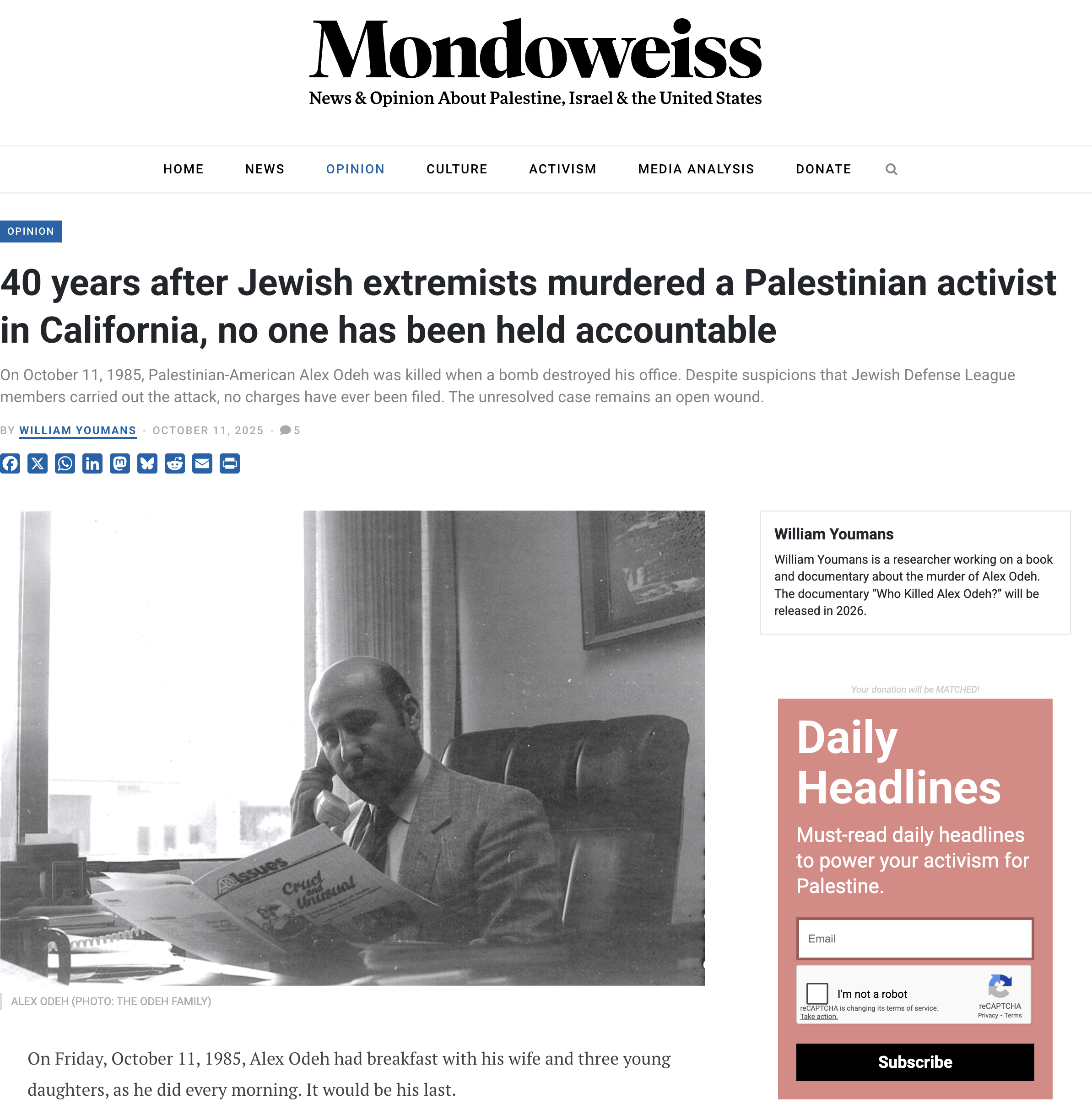 Article in Mondoweiss October, 2025 by Will Youmans