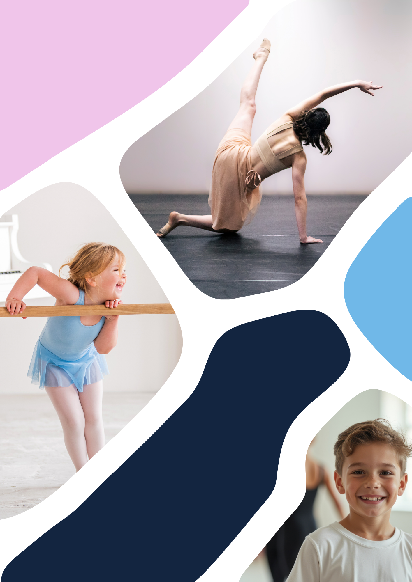 Collage of children engaging in dance and movement activities, including a girl in a ballet costume, a woman performing a dance move, and a smiling boy indoors.