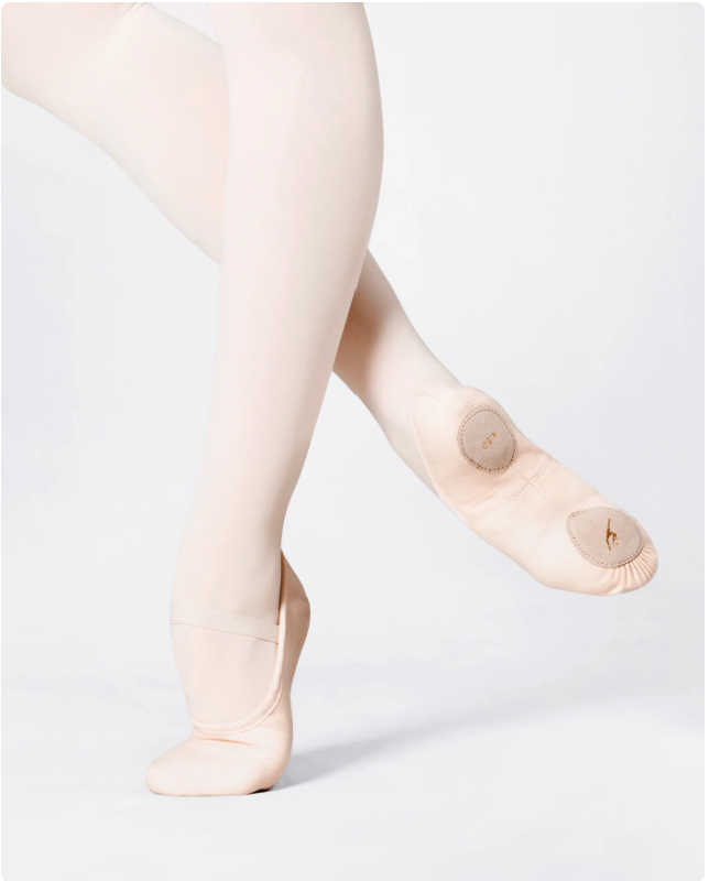 Close-up of a ballet dancer's feet wearing beige pointe shoes with worn soles, against a white background.
