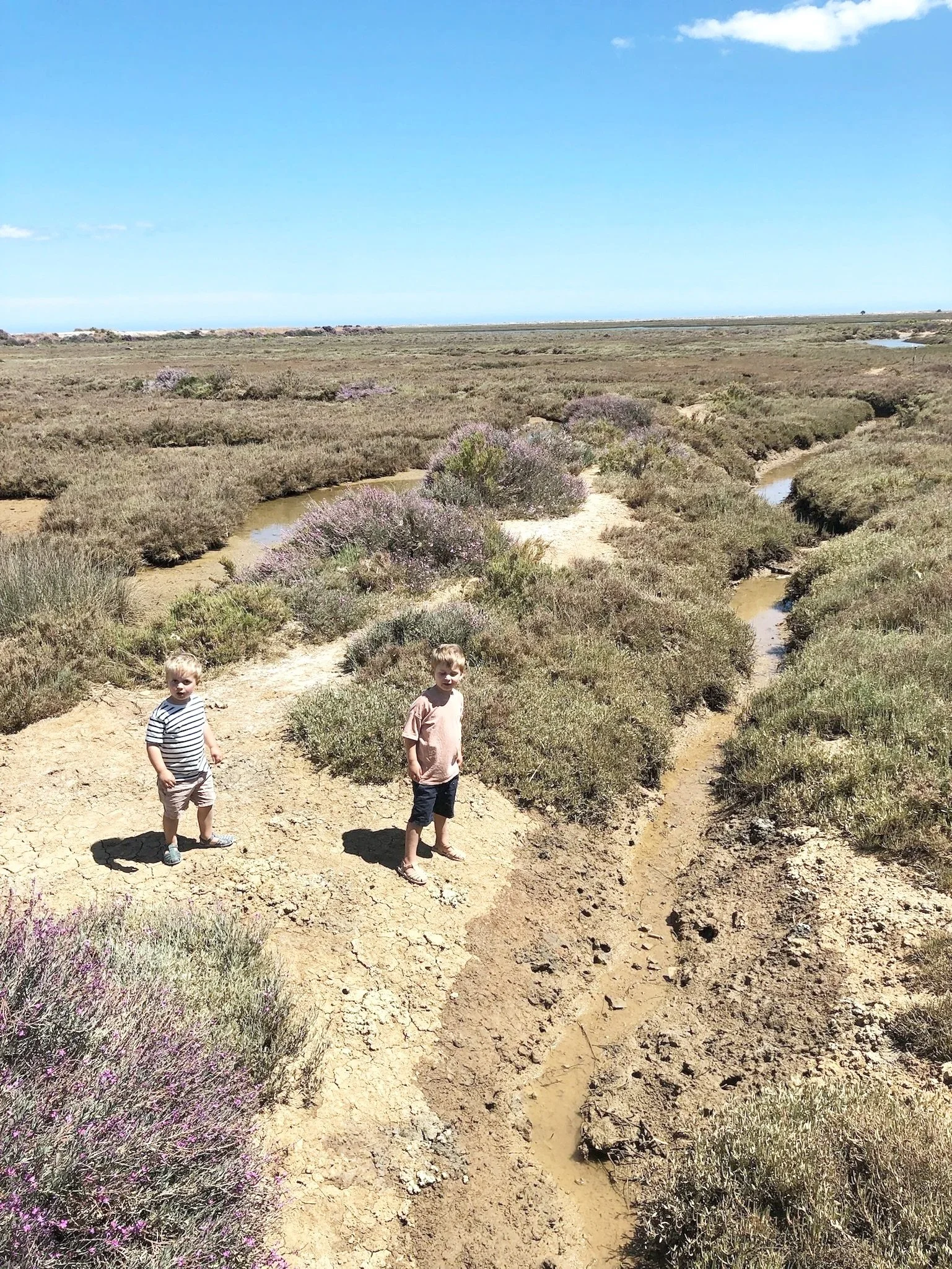 Two young boys standing on a dirt trail in a flat, open natural landscape with shrubs and small water channels, under a bright blue sky with a few clouds.