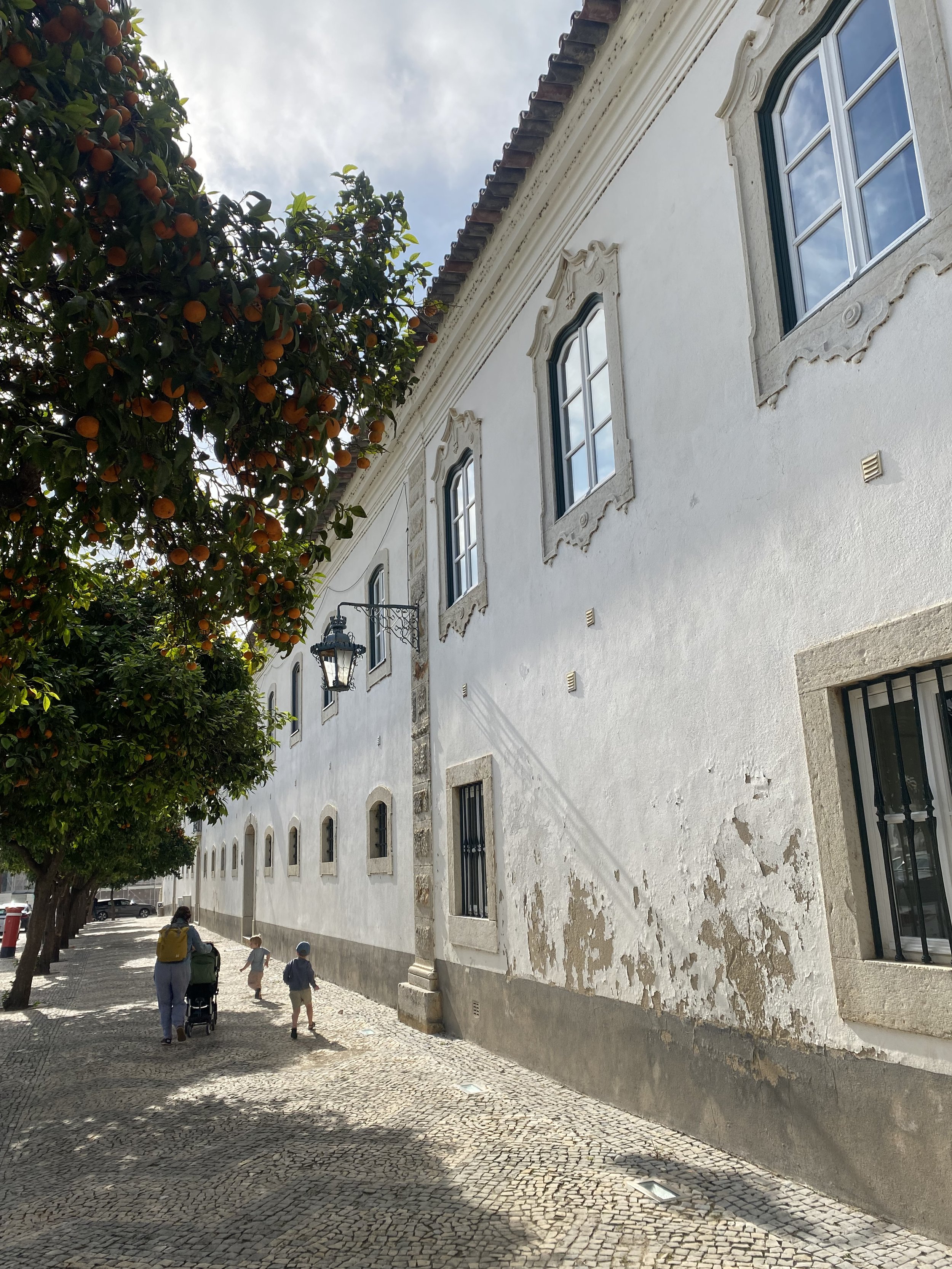 A white historic building with multiple windows and decorative frames, a cobblestone sidewalk, trees with orange fruit, and a person with a stroller walking with two children.