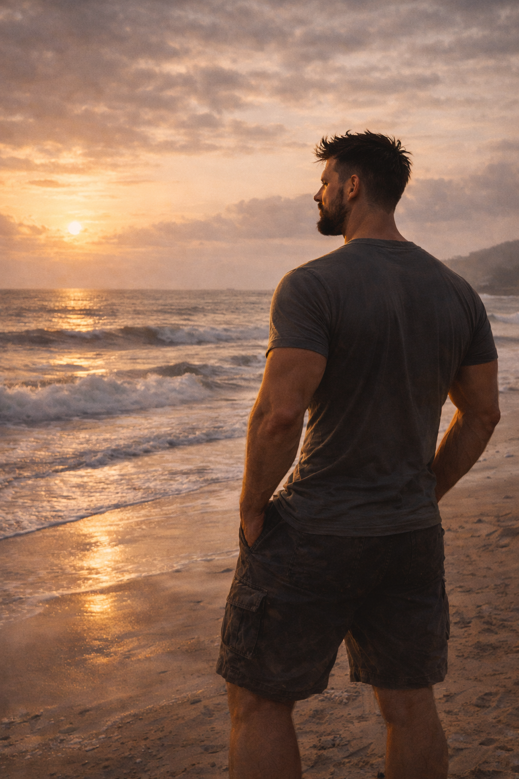 A man with a beard and dark hair wearing a gray t-shirt and black shorts standing on the beach during sunset, looking towards the ocean with waves and clouds in the background.
