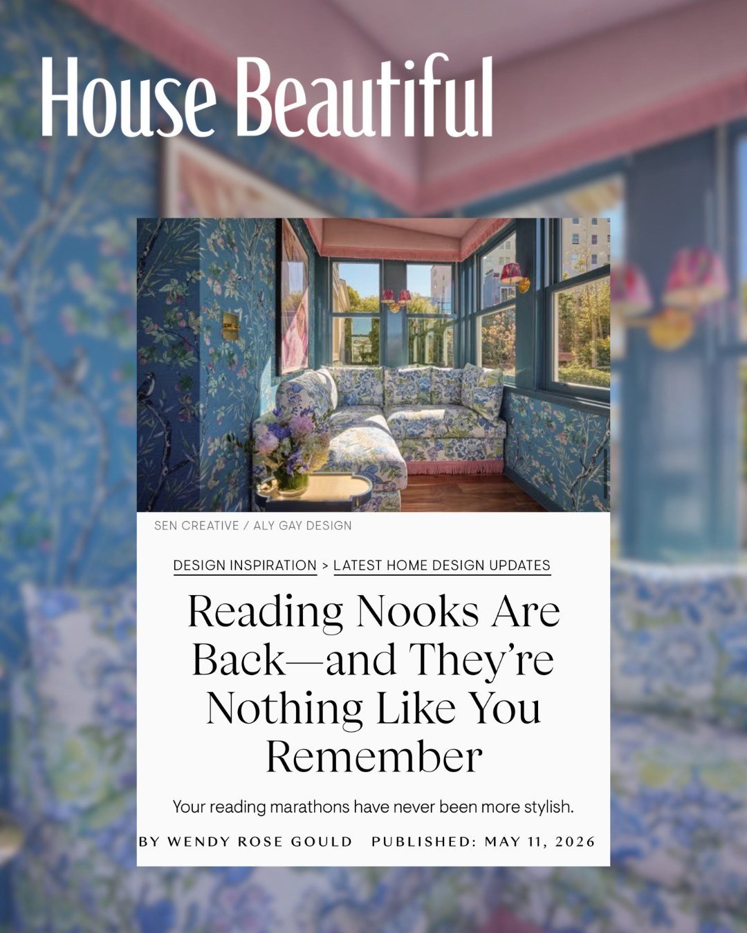 Feeling incredibly honored to see our Showcase reading nook featured in House Beautiful.

This little corner was designed to be a cozy retreat, layered with color, pattern, and comfort, and seeing it recognized by a publication I've long admired is s