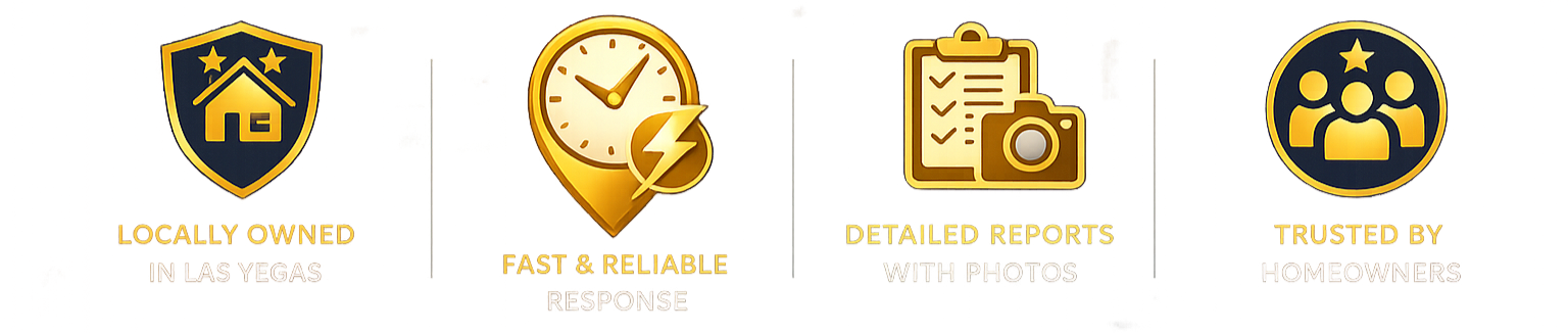 Series of icons with descriptions: a home shield representing locally owned business in Las Vegas, a clock with a lightning bolt indicating fast, reliable response, a clipboard with photos symbolizing detailed reports with photos, and a group of people representing trusted by homeowners.