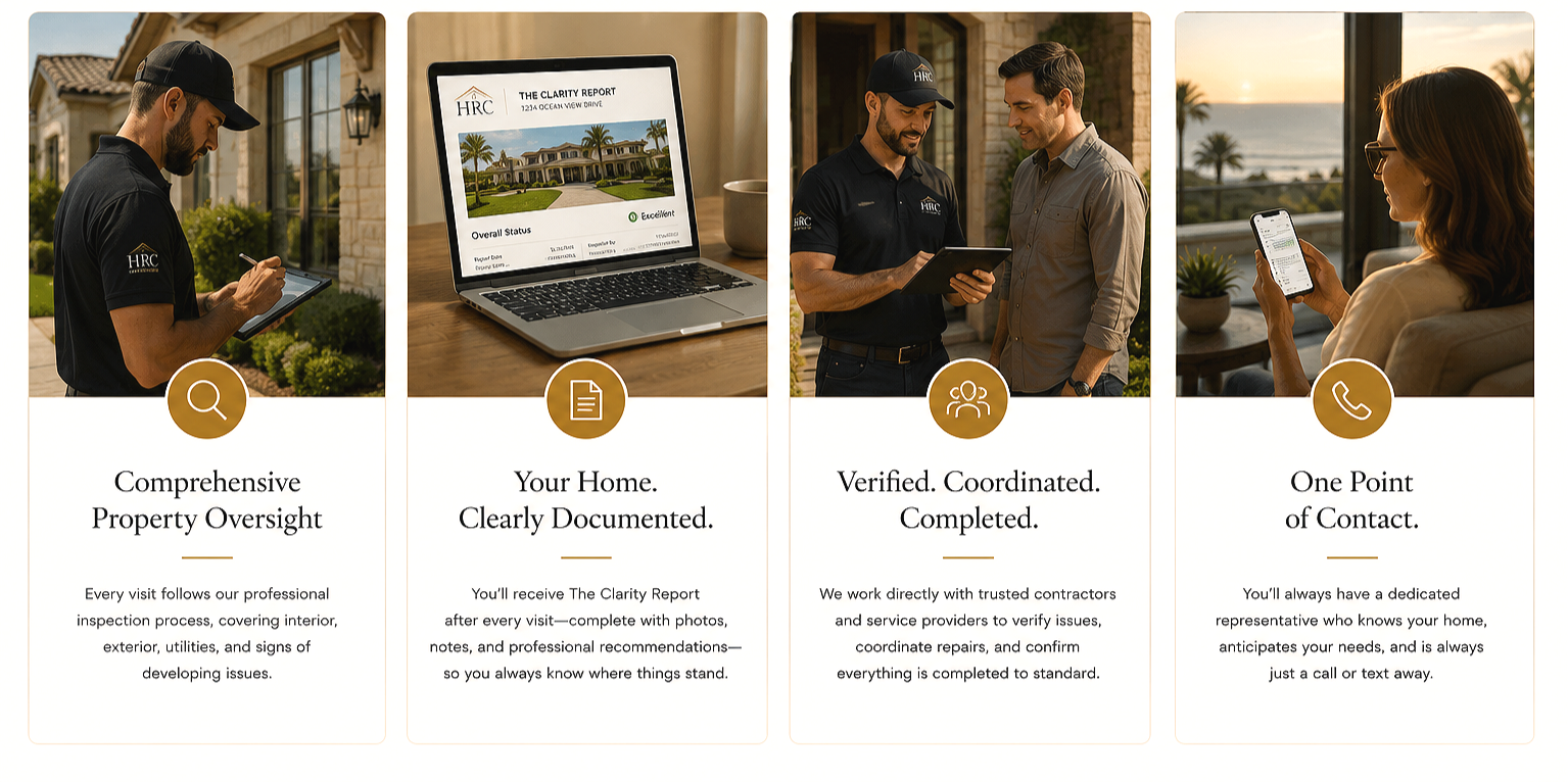 Four images arranged horizontally showcase different aspects of a property inspection service. The first image shows a man in a black polo shirt with an 'HRC' logo, writing on a clipboard outdoors in front of a house. The second image features a laptop displaying a property report titled 'The Clarity Report' for a house with palm trees. The third image depicts two men, one in a black polo with 'HRC' logo and the other in a gray shirt, discussing something and smiling at each other outdoors. The fourth image shows a woman with glasses sitting indoors by a window, using her smartphone, with a sunset view outside.