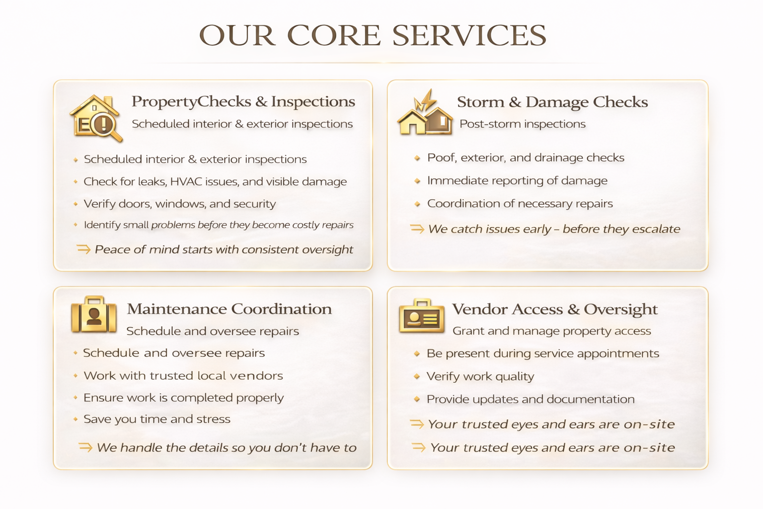 A digital graphic outlining core property services including property checks and inspections, storm and damage checks, maintenance coordination, and vendor access and oversight, with icons representing each service.
