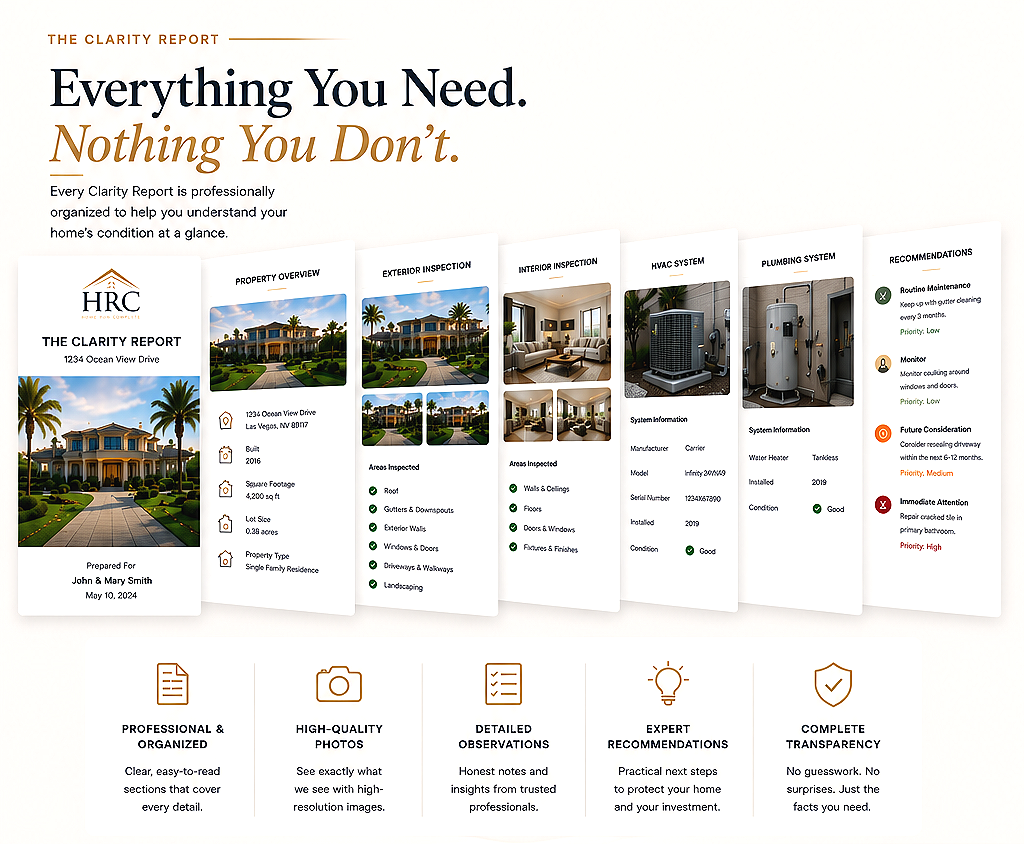 A professional home inspection report titled 'The Clarity Report' on a white background, featuring sections on property overview, exterior inspection, interior inspection, HVAC system, plumbing system, and recommendations, with icons and details about the property and inspection results.