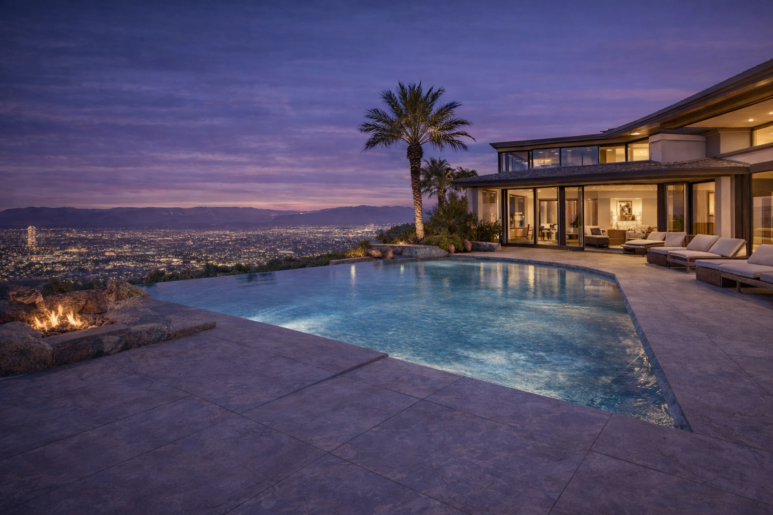 Luxury house with a backyard swimming pool overlooking a city skyline at dusk, with outdoor seating, a palm tree, and a fire pit.