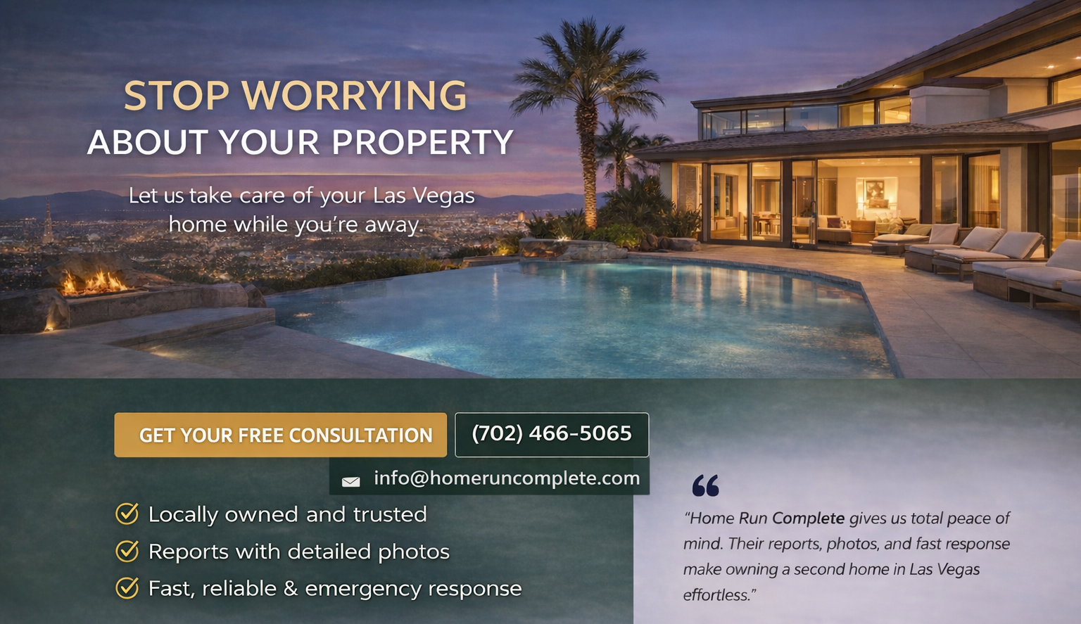 A luxurious house with a pool and a view of the Las Vegas skyline at sunset.