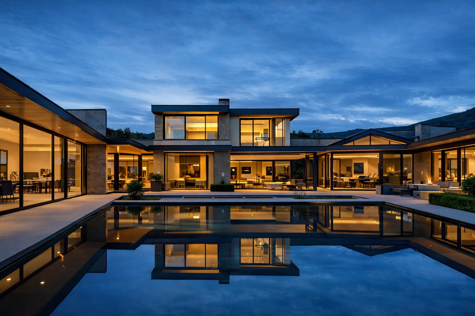 Modern house with large glass windows, illuminated interior, and a backyard swimming pool at dusk, with mountains in the background.